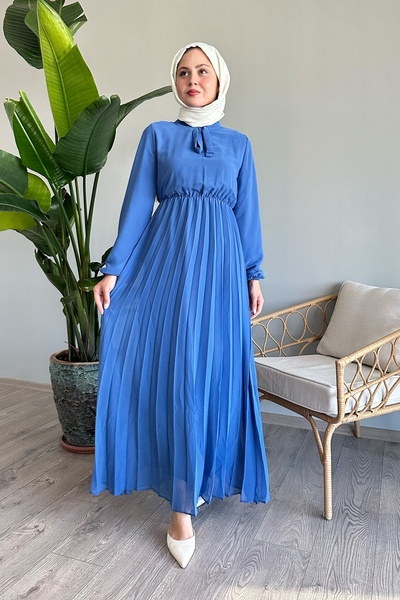InStyle Piliseli Limelda İndigo Şifon Elbise