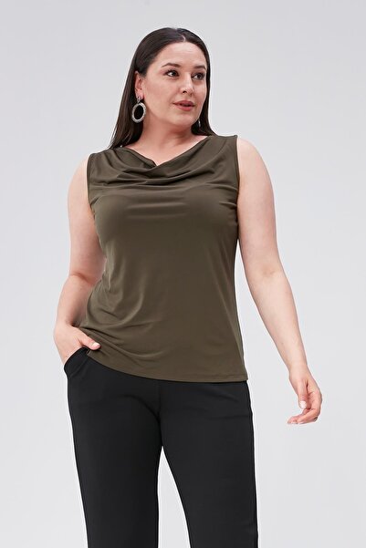 Seamoda Plus Size 4 Seasons Degaje Collar Basic Blouse - Comfortable Undershirt-KHAKI