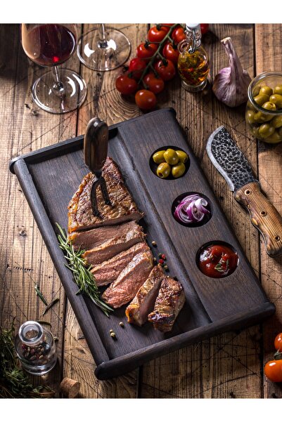 Esci Design Ahşap Kesme Tahtası - Premium Steak Sunum - Ahşap Soslu Sunum Tab...