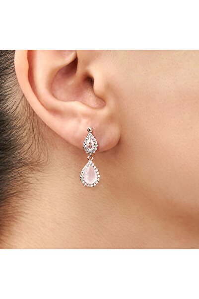 Siset Gümüş 925 Ayar Rose Kaplama Damla Kuvars Taşlı Gümüş Küpe