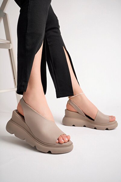 Deripabuc Hakiki Deri Buz Gri Kadın Deri Sandalet Dp-1061