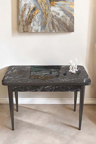 Sar Pakete Tulca Serisi 70x110 Siyah Mermer Desen Mdf Masa Sabit Mutfak Masası