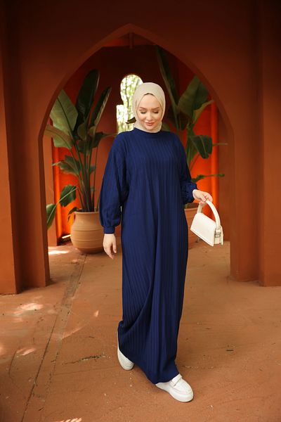 Nissra Ankanoor Navy Blue Hijab Balloon Sleeve Striped Knitwear Dress Anka 257002