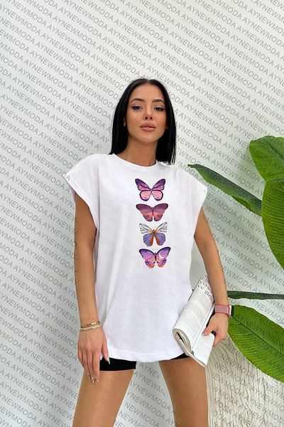 aynewmoda Tricou unisex oversize cu imprimeu cu fluturi roz