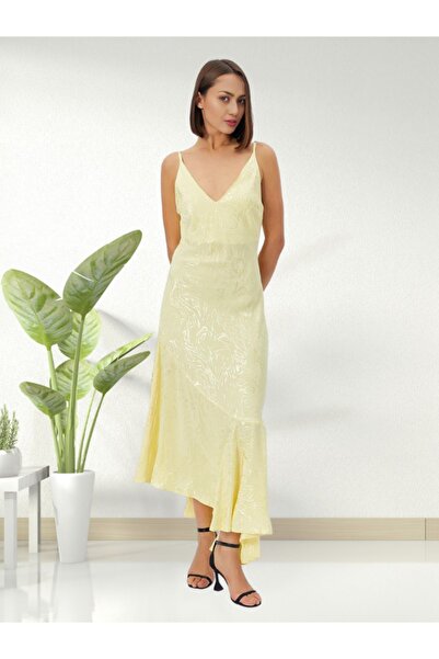 WOMAN VISION Işıltılı Sarı İp Askılı V Yaka Sırt Dekolteli Şık Gece Abiye Elbise - 001