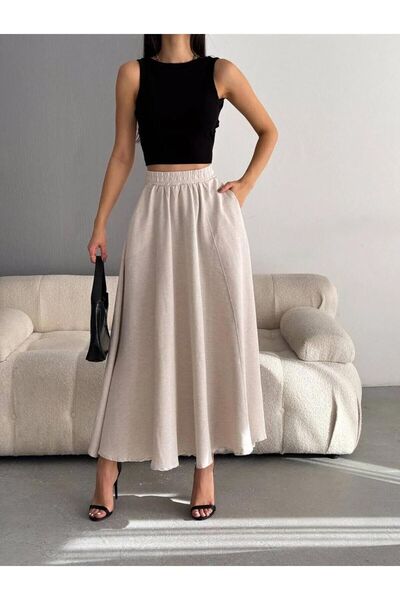 SEVOS Γυναικεία Μπεζ λινή φούστα τσέπης V778