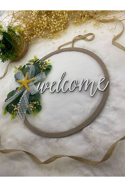 HOBİ55 Διακοσμητική πόρτα με στάμπα Dry Flower - Welcome με Ευκάλυπτο και Τούλι με τροχαλία