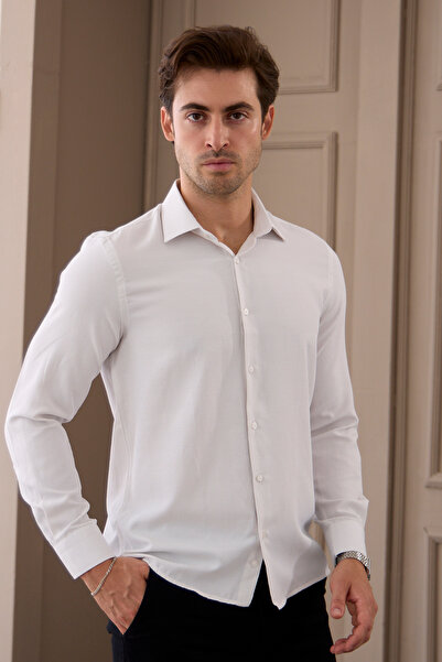 RAVANELLI Beige Slim Fit Classic Collar Patterned Cotton Shirt - Long Sleeve