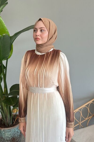 InStyle Geçişli Piliseli Bej Saten Elbise