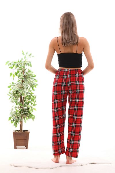 Arvin Pijama Women's Plaid Printed Soft Textured Red Relaxed Summer Pajama Bottoms