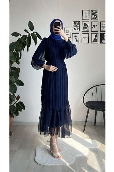 CYM Butik Πλισέ Μπλε Μπλε Μουσουλμανικό Φόρεμα