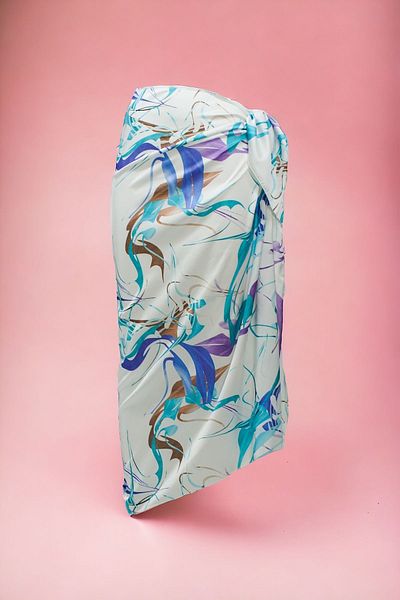 pistore New Season White Turquoise Satin Beach Dress - Minimal Tie-dye Patterned Long Pareo