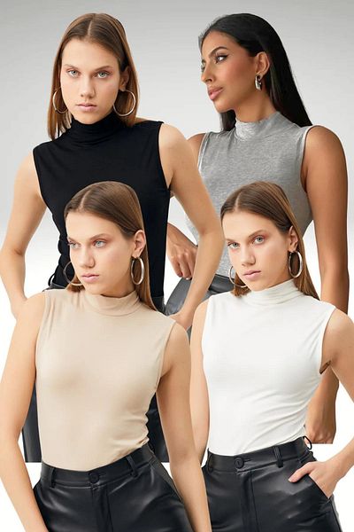Ladima Light Gray, Cream Black and White - 4-Piece Sleeveless Women's Blouse Set