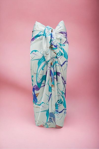 pistore New Season White Turquoise Satin Beach Dress - Minimal Tie-dye Patterned Long Pareo