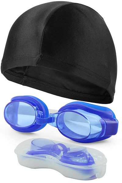 Telvesse Blue Swimming Goggles Bonnet Set - Adjustable Pool & Sea Swimming, 1300 for Child & Adult
