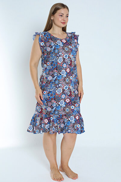 İntensive Plus Size Women's 100% Cotton Print Dress with Ruffle Skirt and Pockets
