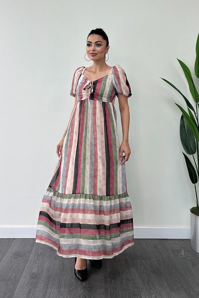 giyimmasalı Balloon Sleeve Chiffon Dress - Colorful Striped, CREAM