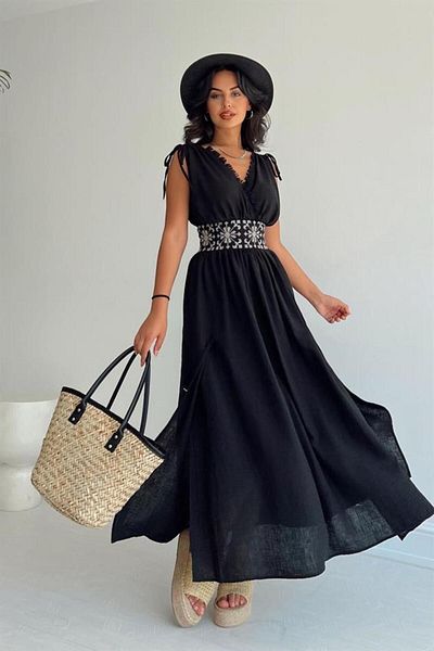 NFS BUTİK Bohemian Style Maxi Length Helen Dress - Linen Woven with Slits and Embroidery