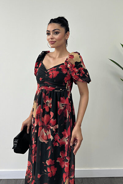 giyimmasalı Şifon Çiçekli Kumaş Balon Kol Elbise - SİYAH