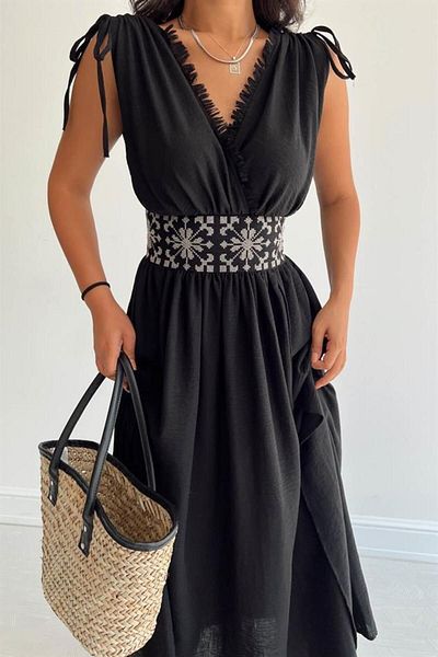 NFS BUTİK Bohemian Style Maxi Length Helen Dress - Linen Woven with Slits and Embroidery
