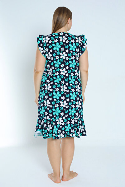 İntensive kadın büyük beden desenli %100 pamuk cepli kolu ve eteği fırfırlı elbise