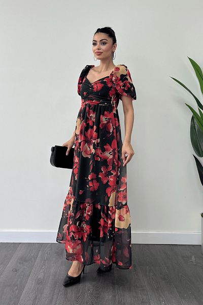 giyimmasalı Black Chiffon Floral Print Balloon Sleeve Dress