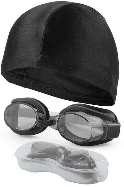 Telvesse Adjustable Cut Black Swimming Goggles Bonnet Set - 1300 for Child and Adult