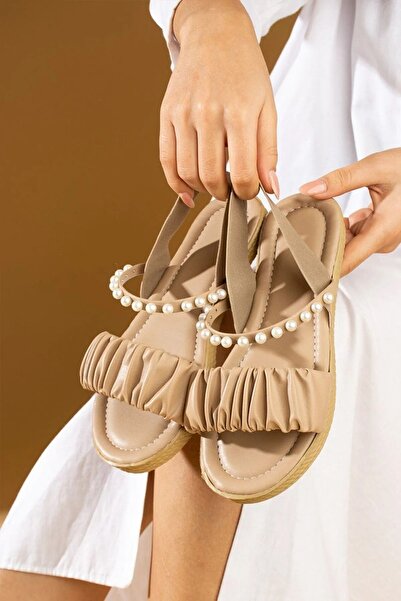 Pretty Girl Vizon İnci Taşli - Sandale confortabile cu șnur, pentru mireasă, vară, vacanță și plajă