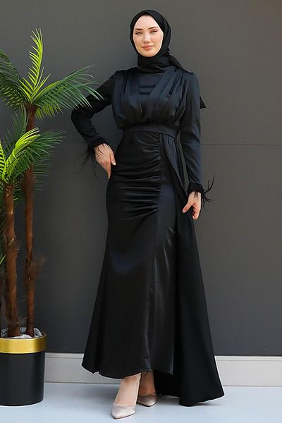 GİZ AGİYİM Μαύρο Σατέν Φόρεμα Hijab - Γούνινο