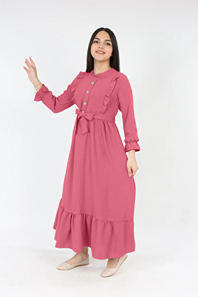 Asortix Kız Cocuk Uzun Elbise Aerobin Keten Kumaş Tesettür Uzun Boydan Elbise