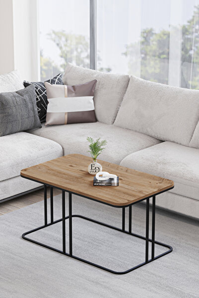 ED Efelez Design Orta Sehpa , Lyon Orta Sehpa , Siyah Metal - Atlantik Çam Tabla
