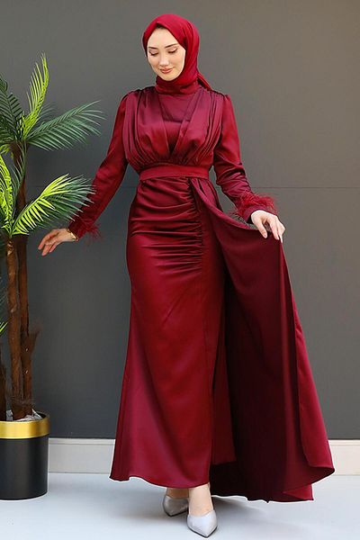 GİZ AGİYİM Μπορντό Φόρεμα Hijab - Γούνινο και Σατέν