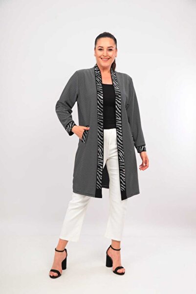 SheRa Boutique Çizgili Ottoman Kumaş, Cepli, Şık Kadın Hırka