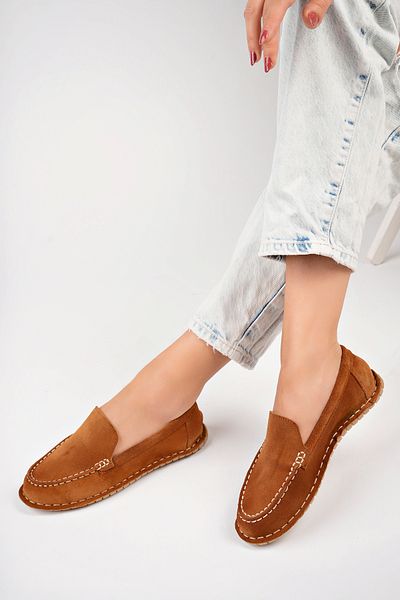 Deripabuc Tan Suede Genuine Leather Women's Loafer - Dp77-0601