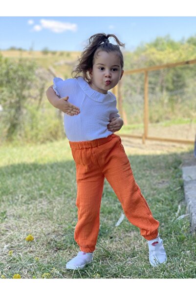 meqlife Unisex Çocuk Müslin Kumaş pantolon Cepli Pacası Latikli Pantolon Turuncu