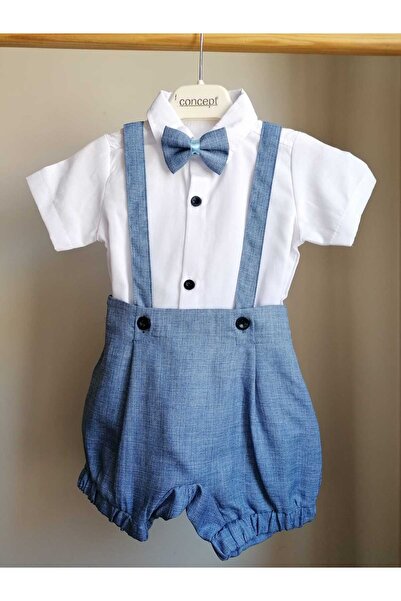 bebeksen Blue Classic Baby Boy Salopet Suit with Bow Tie and 3-Piece Shorts Special Day Outfit Wedding Baby Gift