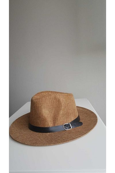 Beka Collection Unisex Straw Cowboy Panama Fedora Hat with Belt Buckle Detail