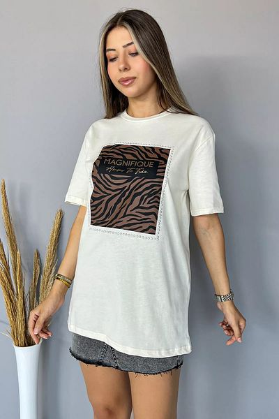 GÜLSELİ Tricou de damă Crew Neck Cream - Imprimat