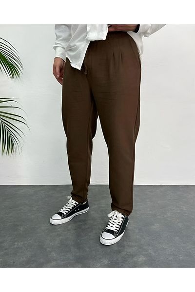 Oliggopol Άνετο λινό παντελόνι Jogger - Ανδρικό, Καφέ, Boyfriend Cut, Διπλό πόδι