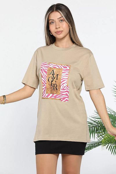 GÜLSELİ Tricou de damă bej - decolteu, imprimat