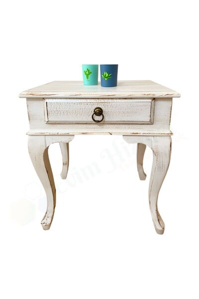 Evim Hizmet Masif Çekmeceli Beyaz Eskitme Komodin Yan Sehpa - Montaj Dahil - ...