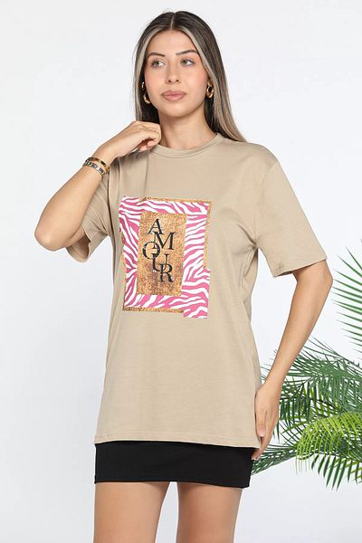 GÜLSELİ Tricou de damă bej - decolteu, imprimat