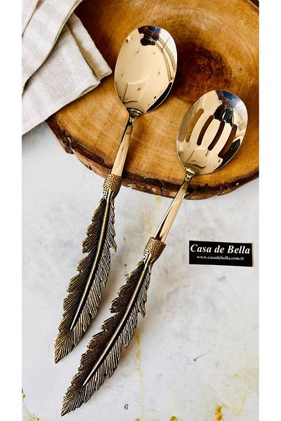 CASA DE BELLA 2 Piece Gold Antique Feather Salad Serving Set