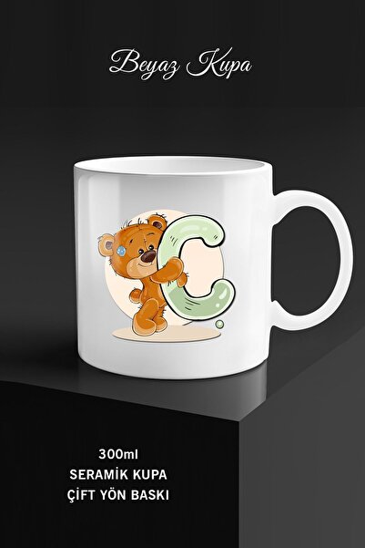 bymat كوب أبيض - كوب أبيض، تصميم حرف C ودمية دب، كوب بمقبض *BYBTK487