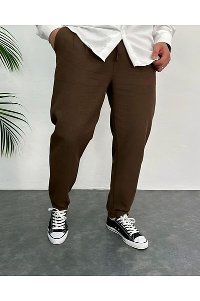 Oliggopol Άνετο λινό παντελόνι Jogger - Ανδρικό, Καφέ, Boyfriend Cut, Διπλό πόδι