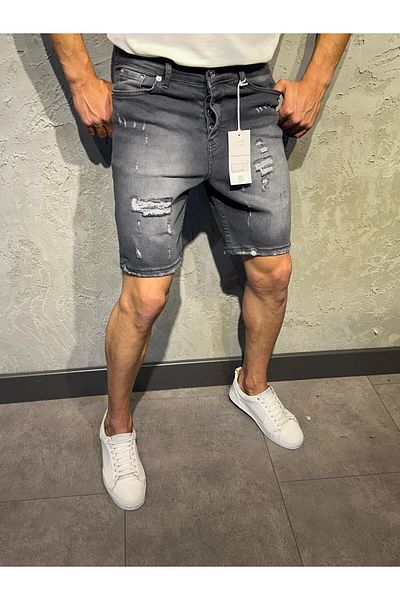 Oliggopol Ανδρικό γκρι τζιν σορτς Capri Lycra Slim Fit Ripped Model