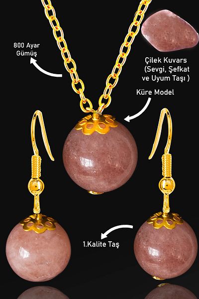 Tesbih Atölyesi Gold Globe Model Strawberry and Quartz Stone Necklace and Earring Set - Silver Apparatus