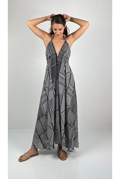 Socrates BOLERO  V Yaka Boyundan ve Sırttan Bağlı Askılı Uzun Viskon  Elbise