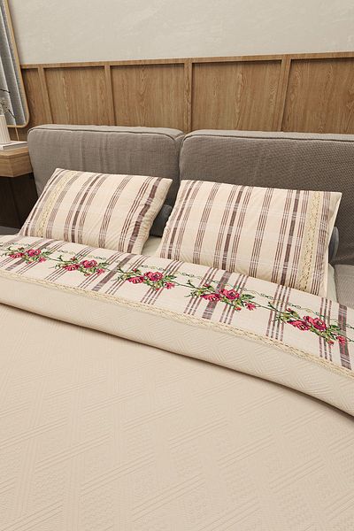 Durul Vintage Double Pique Set - 100% Cotton, Red Embroidered Beige with Side Panels