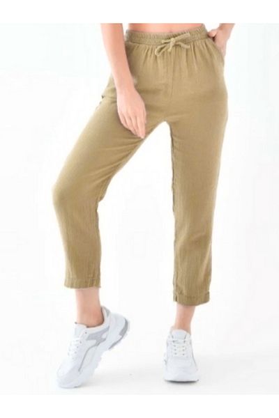 Enoteks Light Brown Colored Women's Muslin Trousers - 100% Cotton Skinny Leg